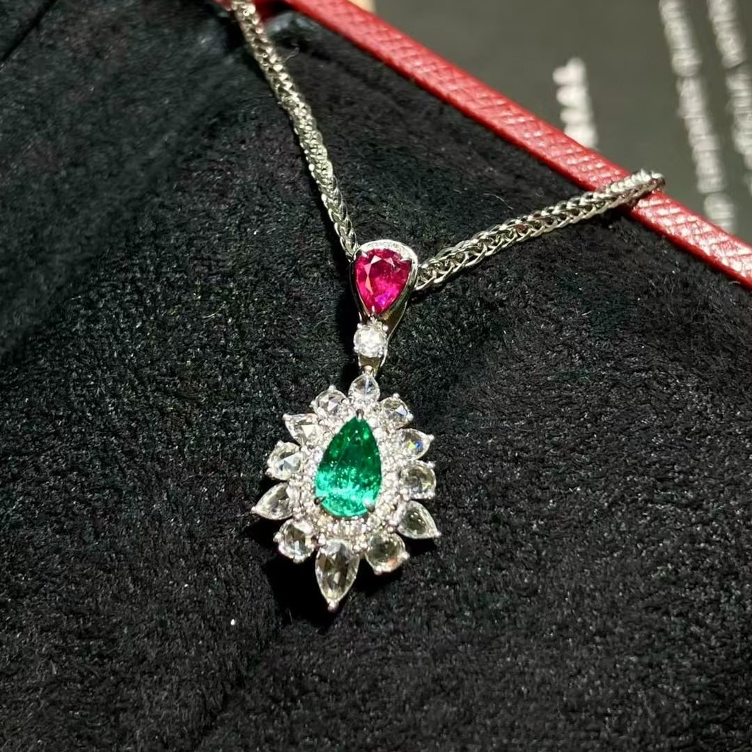 14k Gold 0.60 Ctw Natural Emerald & Ruby & Toi Et Moi Pendant( Without Chain ) - 2