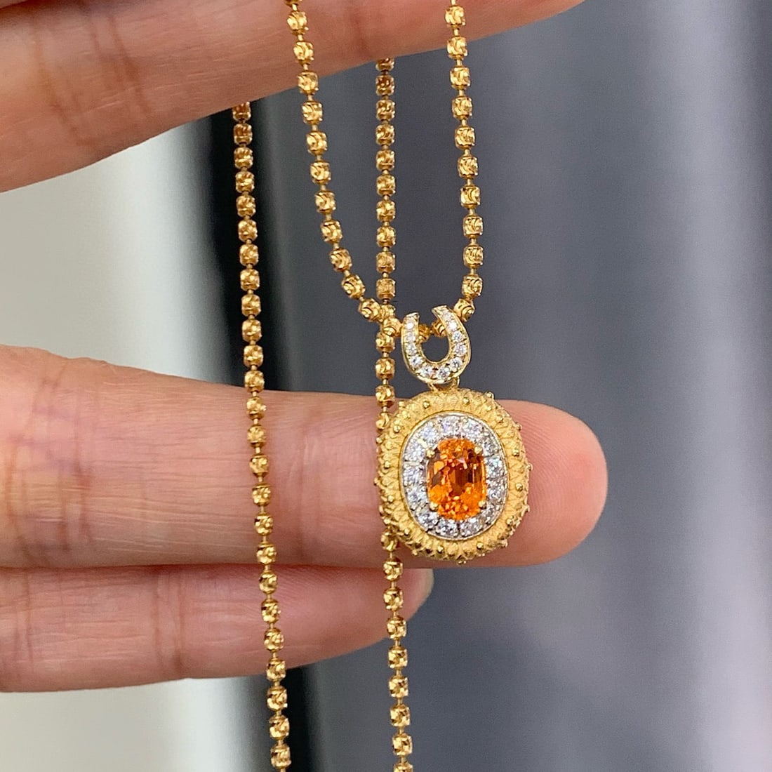14k Gold 1.21 Ctw Natural Spessartine & Diamond Pendant( Without Chain ): Ref:230988437 // gold content:14k gold // main gemstone:spessartine // shape:oval // carat weight:0. 97ct // color:orange // treatment:natural // // adjacent gemstone 2 : diamond // shape:round //