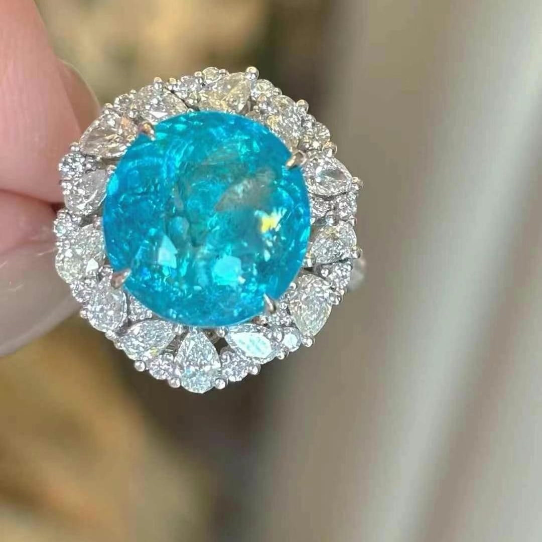 14k Gold 7.57 Ct Natural Paraiba Tourmaline & Diamond Ring/pendant( Without Chain ): Ref:230988439 // gold content:14k gold // ring size:7. 25us // // main gemstone:paraiba tourmaline // shape:oval // carat weight:7. 57ct // color:blue // treatment:natural // // adjacent gemstone 2 : 