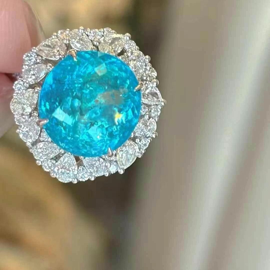 14k Gold 7.57 Ct Natural Paraiba Tourmaline & Diamond Ring/pendant( Without Chain ) - 2