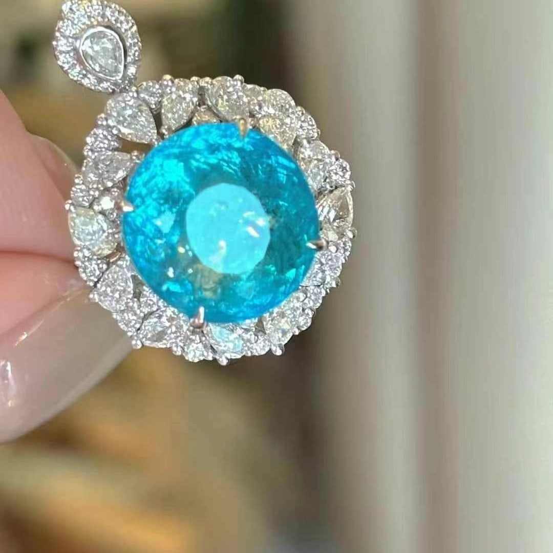 14k Gold 7.57 Ct Natural Paraiba Tourmaline & Diamond Ring/pendant( Without Chain ) - 3