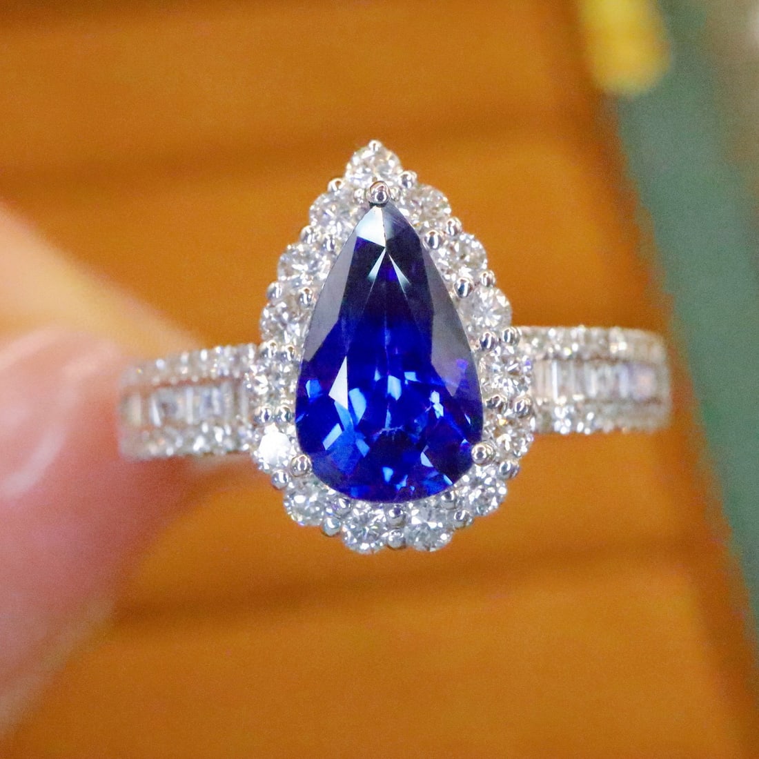 14k Gold 1.84 Ctw Natural Sapphire & Diamond Ring: Ref:230988446 // gold content:14k gold // ring size:7. 25us // // main gemstone:sapphire // shape:pear // carat weight:1. 34ct // color:royal blue // treatment:natural // // adjacent gemstone 2 : diam