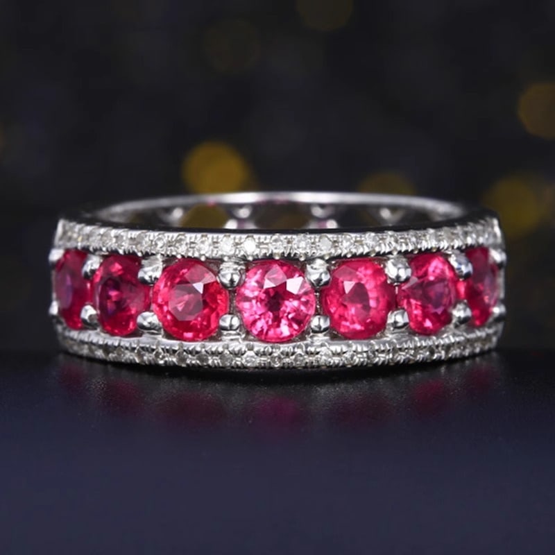 14k Gold 1.49 Ct Natural Ruby & Diamond Ring: Ref:230991006 // gold content:14k gold // ring size:7. 25us // // main gemstone:ruby // shape:round // carat weight:1. 49ct // color:red // treatment:natural // cut grade:g // // adjacent gemstone 2
