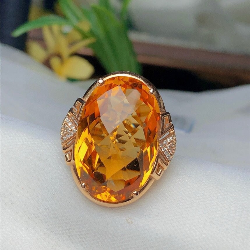 14k Gold 19.03 Ct Natural Citrine & Diamond Ring - 2