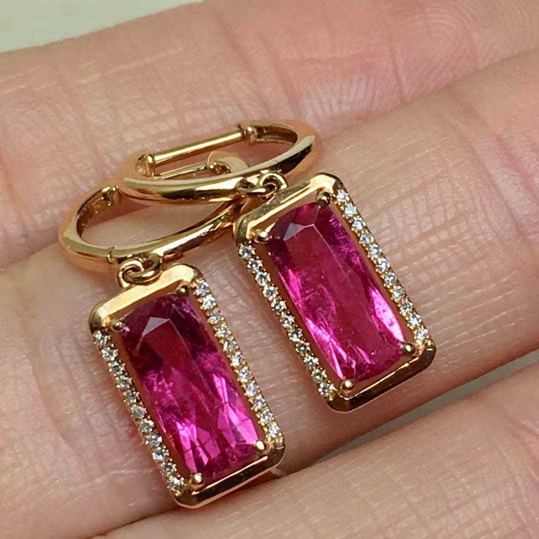 14k Gold 1.8 Ct Natural Tourmaline & Diamond Earrings - 2