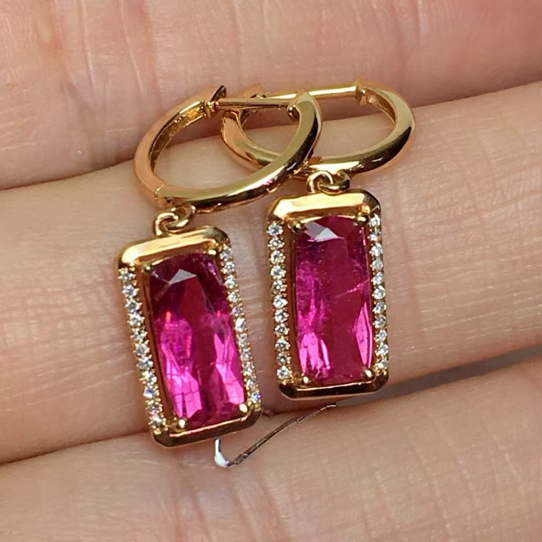 14k Gold 1.8 Ct Natural Tourmaline & Diamond Earrings - 3