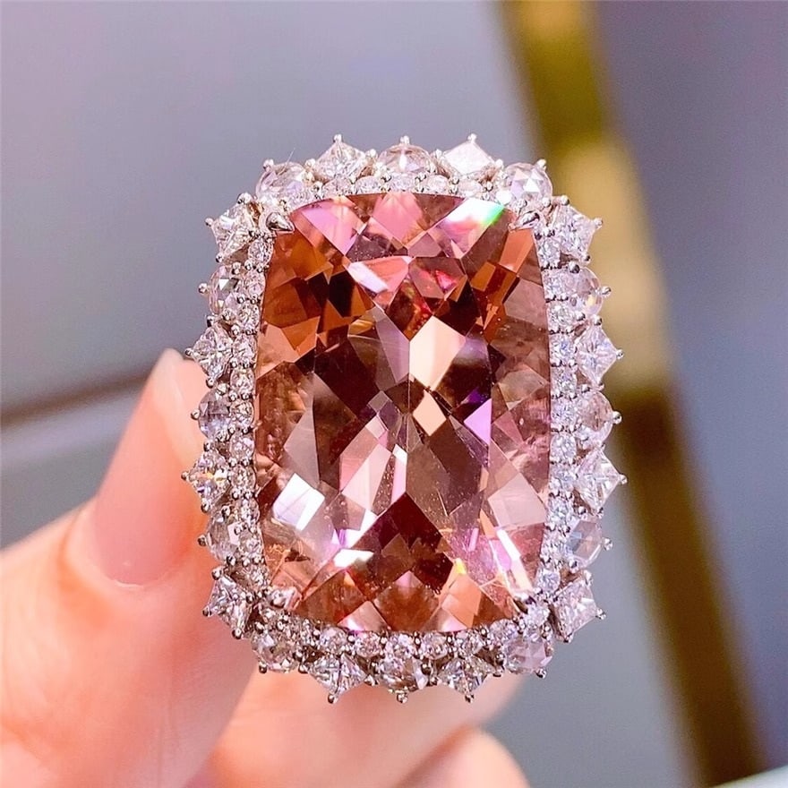 14k Gold 20.6 Ct Natural Morganite & Diamond Ring/pendant( Without Chain ): Ref:230991066 // gold content:14k gold // ring size:7. 25us // // main gemstone:morganite // shape:cushion // carat weight:20. 6ct // color:pinkish orange // treatment:natural // // adjacent gemstone