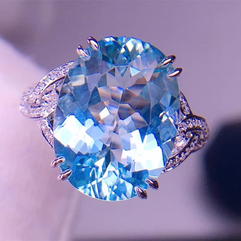 14k Gold 6.9 Ct Natural Aquamarine & Diamond Ring - 4