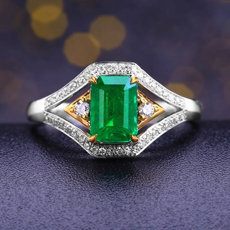 14k Gold 1.24 Ct Natural Emerald & Diamond Ring: Ref:230991071 // gold content:14k gold // ring size:7. 25us // // main gemstone:emerald // shape:octagonal // carat weight:1. 24ct // color:green // treatment:natural // // adjacent gemstone 2 :