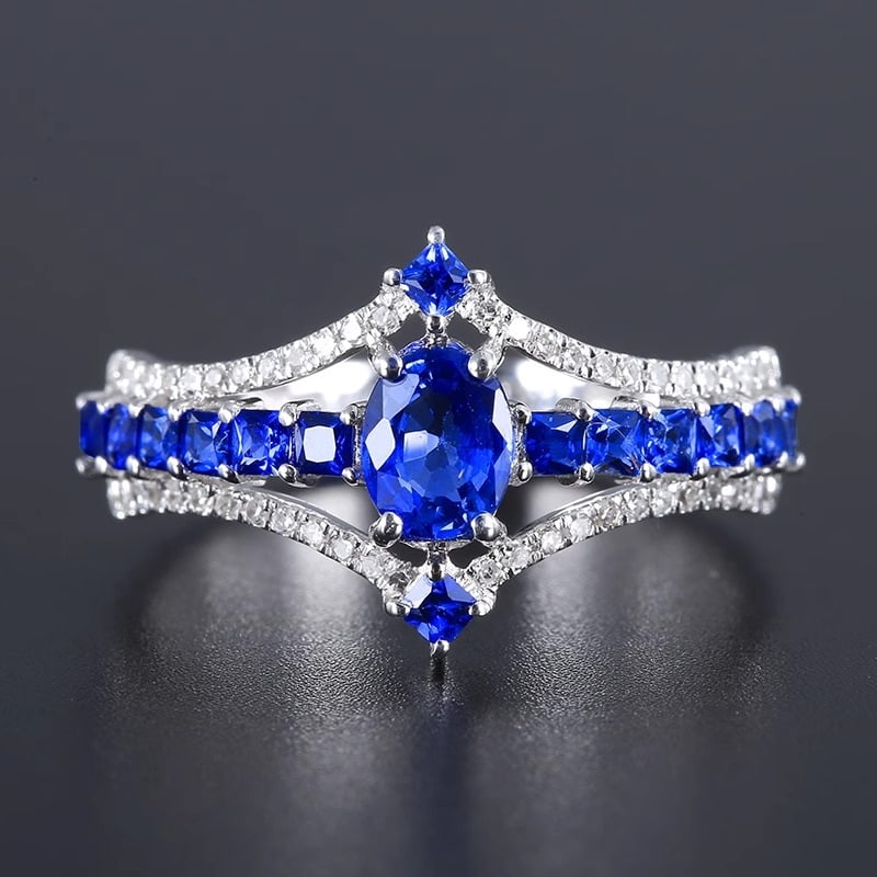 14k Gold 1.17 Ctw Natural Sapphire & Diamond Ring: Ref:230991074 // gold content:14k gold // ring size:7. 25us // // main gemstone:sapphire // shape:oval // carat weight:0. 5ct // color:blue // treatment:natural // // adjacent gemstone 2 : sapphire