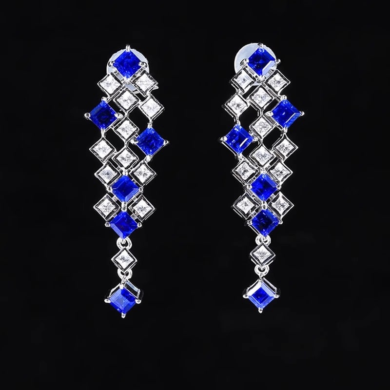 14k Gold 3.37 Ctw Natural Sapphire & Sapphire Earrings: Ref:230991078 // gold content:14k gold // main gemstone:sapphire // shape:square // carat weight:2. 32ct // color:blue // treatment:natural // // adjacent gemstone 2 : sapphire // number of stones:24