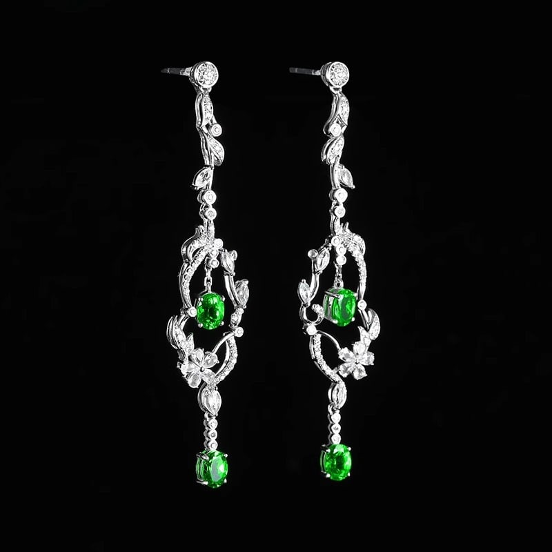 14k Gold 2.88 Ctw Natural Tsavorite & Diamond & Sapphire Earrings - 3