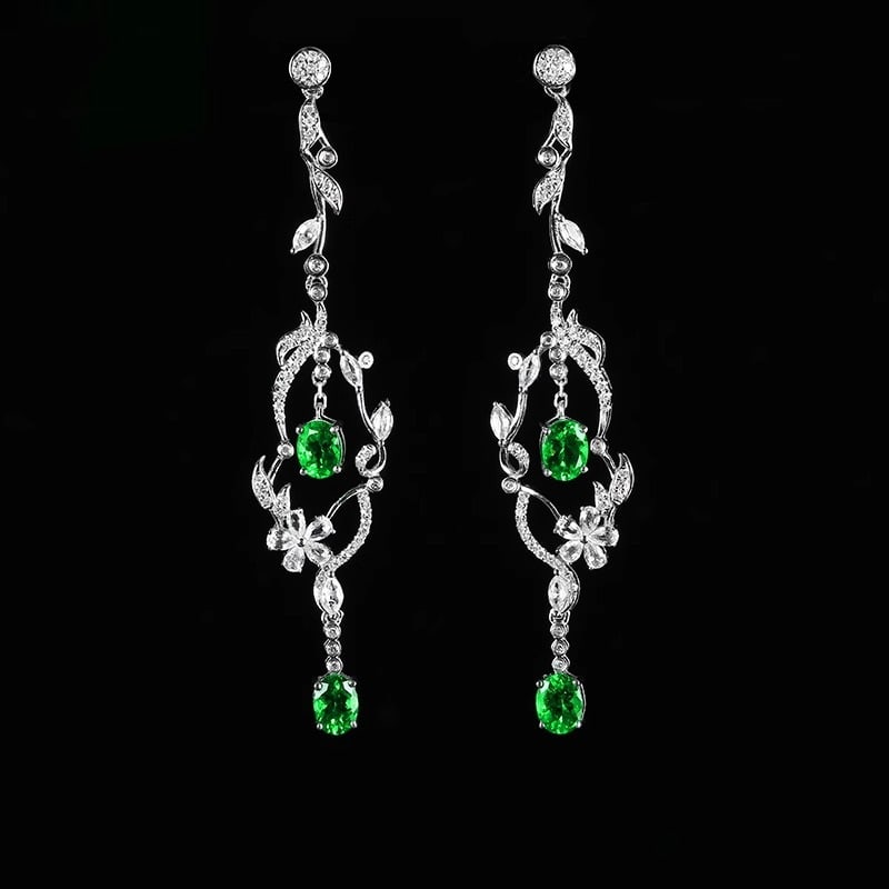 14k Gold 2.88 Ctw Natural Tsavorite & Diamond & Sapphire Earrings - 6