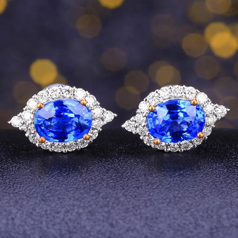 14k Gold 2.15 Ct Natural Sapphire & Diamond Earrings: Ref:230991083 // gold content:14k gold // main gemstone:sapphire // shape:oval // carat weight:2. 15ct // color:blue // treatment:natural // // adjacent gemstone 2 : diamond // shape:round // clarity