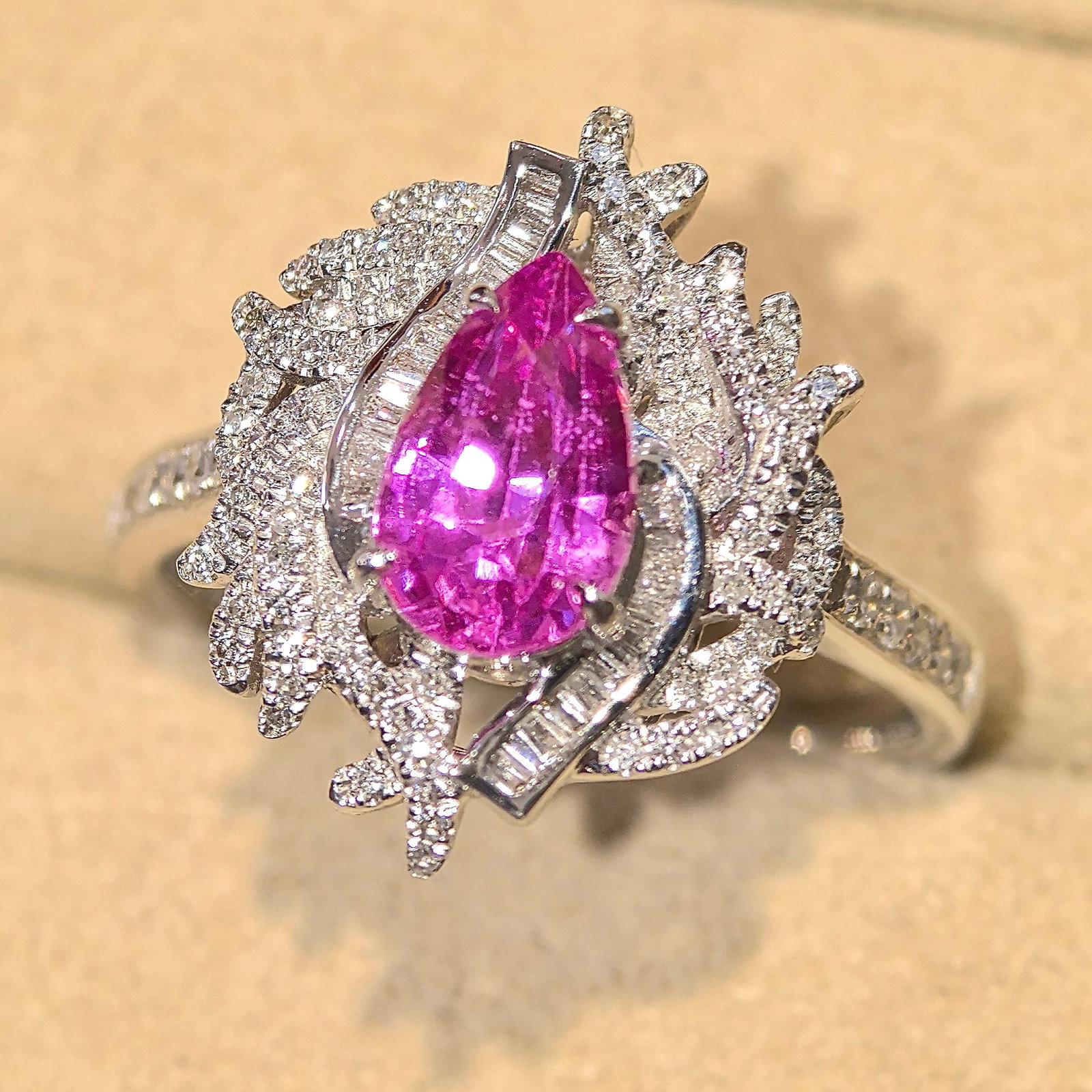 14k Gold 1.75 Ctw Natural Sapphire & Diamond Ring: Ref:230991085 // gold content:14k gold // ring size:7. 25us // // main gemstone:sapphire // shape:pear // carat weight:1. 3ct // color:pink // treatment:natural // // adjacent gemstone 2 : diamond // 