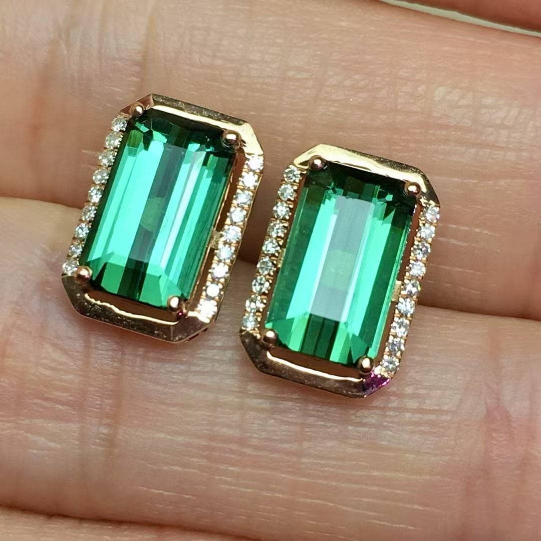 14k Gold 3.8 Ct Natural Tourmaline & Diamond Earrings - 2
