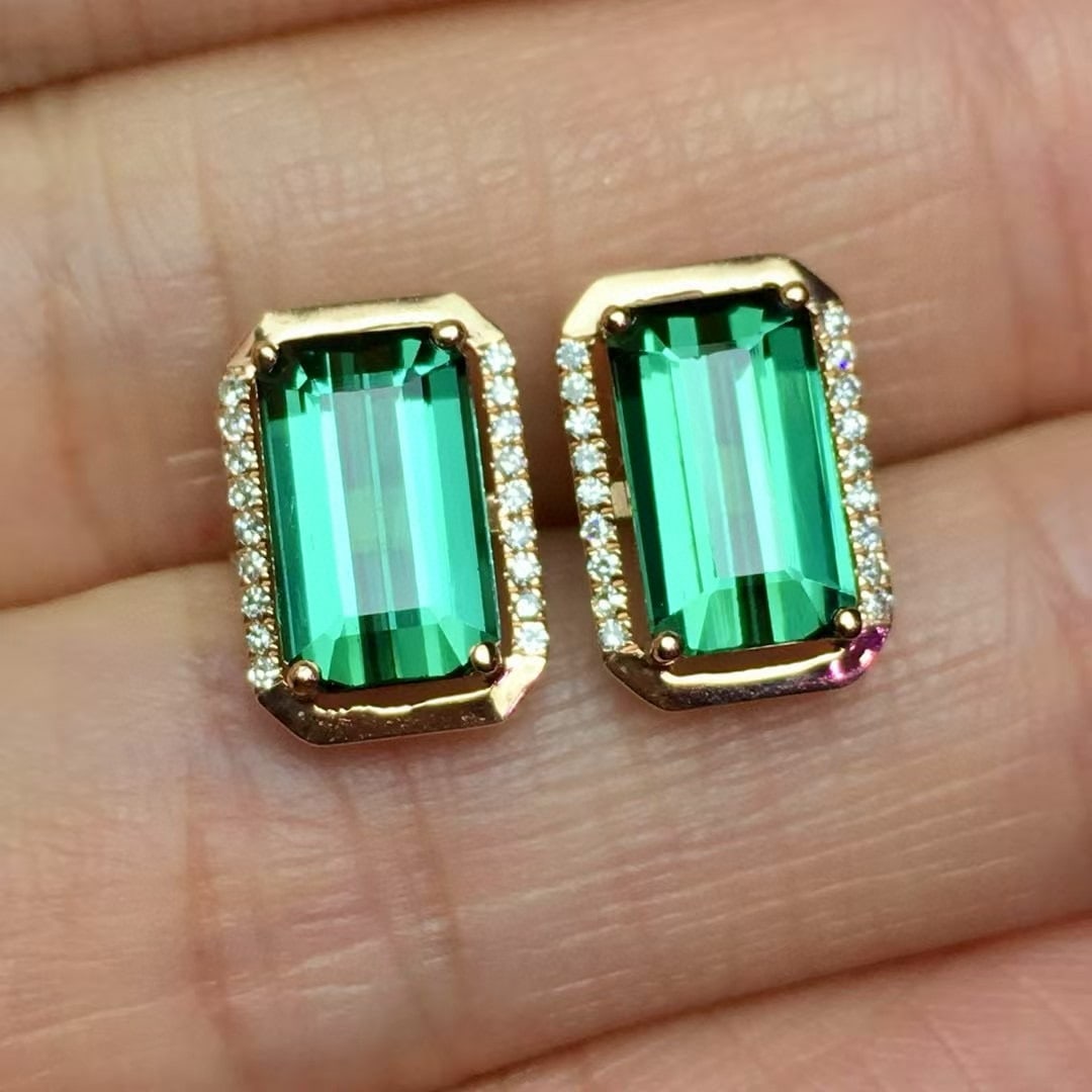 14k Gold 3.8 Ct Natural Tourmaline & Diamond Earrings - 3