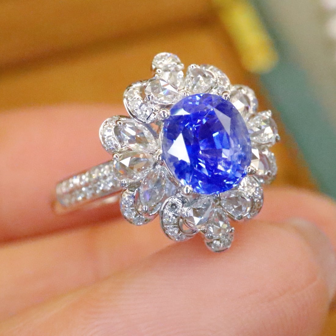 14k Gold 2.19 Ctw Natural Sapphire & Diamond Ring: Ref:230991118 // gold content:14k gold // ring size:7. 25us // // main gemstone:sapphire // shape:oval // carat weight:1. 66ct // color:blue // treatment:natural // // adjacent gemstone 2 : diamond //