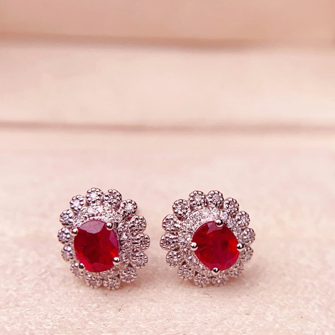 14k Gold 0.8 Ct Natural Ruby & Diamond Earrings - 3