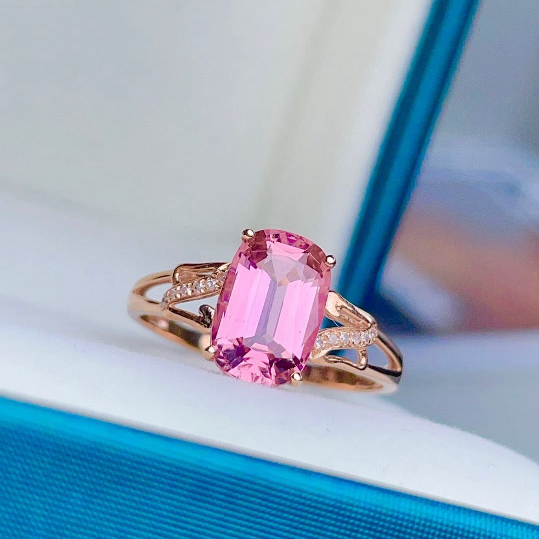 14k Gold 1.97 Ct Natural Tourmaline & Diamond Ring: Ref:230991133 // gold content:14k gold // ring size:7. 25us // // main gemstone:tourmaline // shape:cushion // carat weight:1. 97ct // color:pink // treatment:natural // // adjacent gemstone 2 : diamo