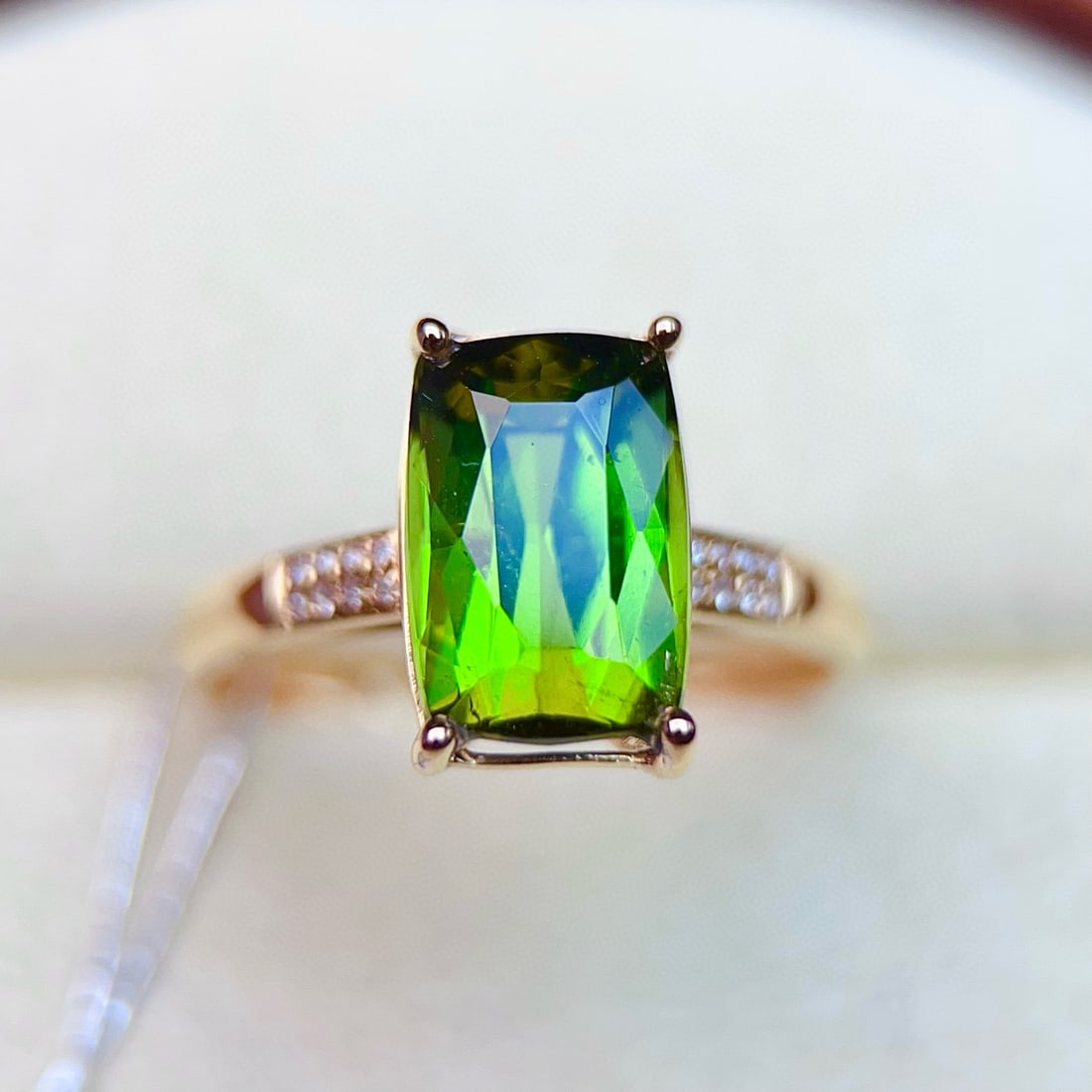 14k Gold 3.15 Ctw Natural Tourmaline & Diamond Ring: Ref:230991142 // gold content:14k gold // ring size:7. 25us // // main gemstone:tourmaline // shape:cushion // carat weight:3. 1ct // color:green // treatment:natural // // adjacent gemstone 2 :