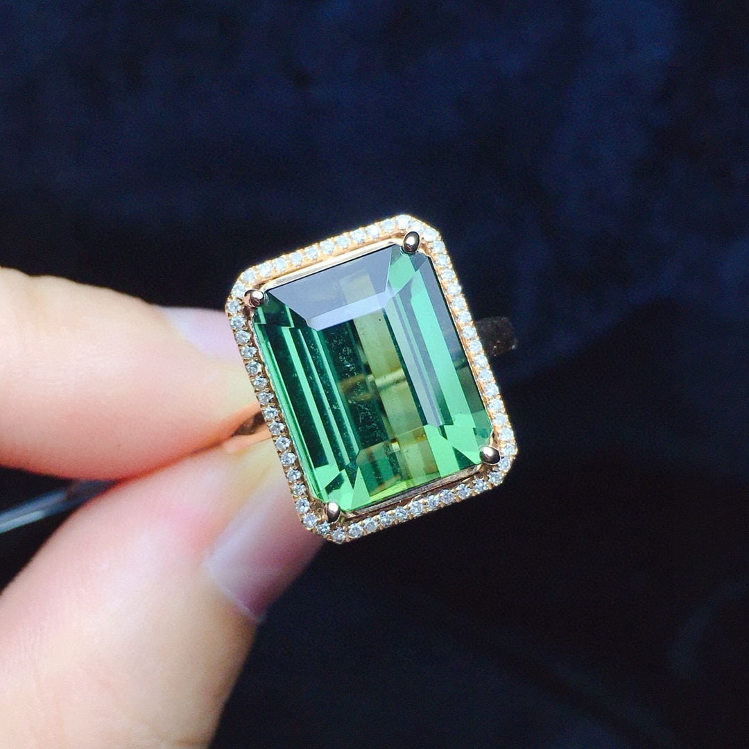 14k Gold 8.85 Ct Natural Tourmaline & Diamond Ring - 2
