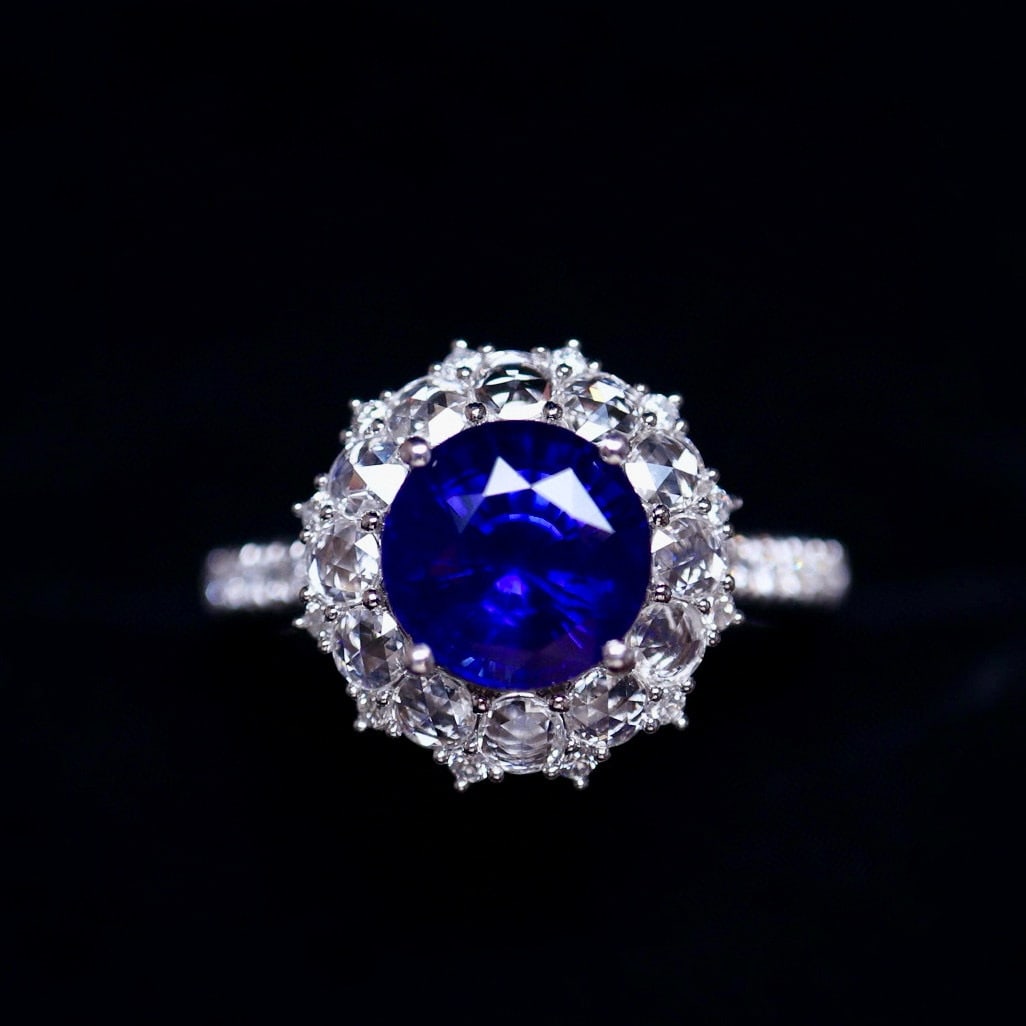 14k Gold 2.46 Ct Natural Sapphire & Diamond Ring: Ref:230991156 // gold content:14k gold // ring size:7. 25us // // main gemstone:sapphire // shape:round // carat weight:2. 46ct // color:royal blue // treatment:natural // cut grade:g // // adjacent g