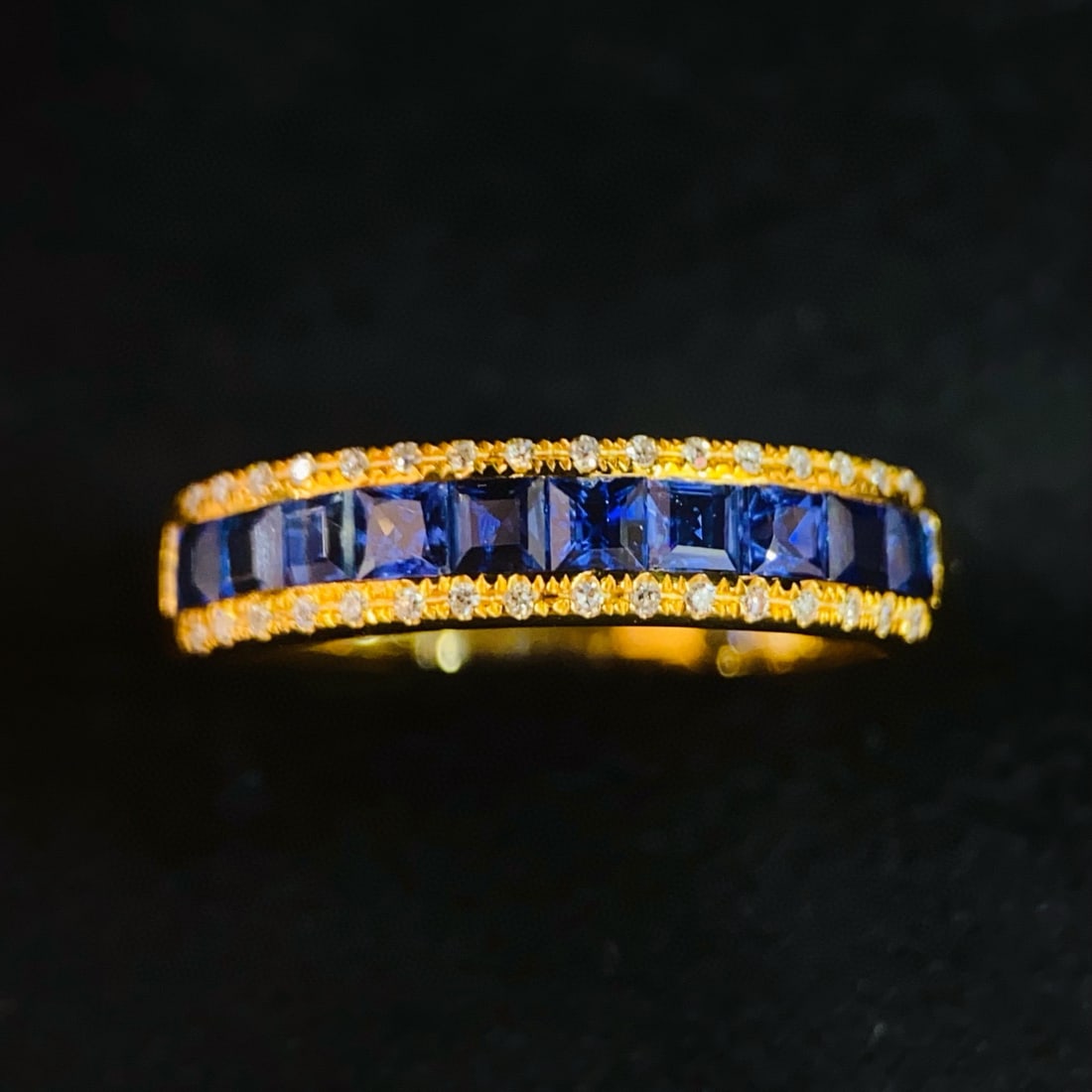 14k Gold 1 Ct Natural Sapphire & Diamond Ring: Ref:230991163 // gold content:14k gold // ring size:7. 25us // // main gemstone:sapphire // shape:princess // carat weight:1ct // color:blue // treatment:natural // // adjacent gemstone 2 : diamond