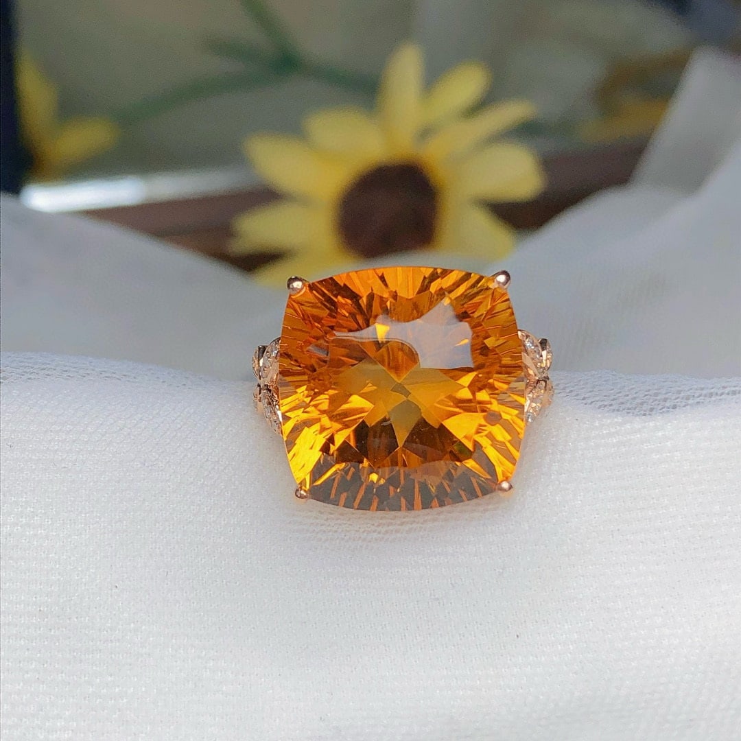 14k Gold 13.45 Ct Natural Citrine & Diamond Ring - 2
