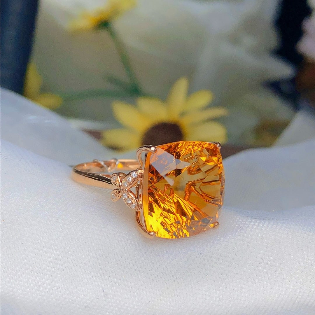14k Gold 13.45 Ct Natural Citrine & Diamond Ring - 4