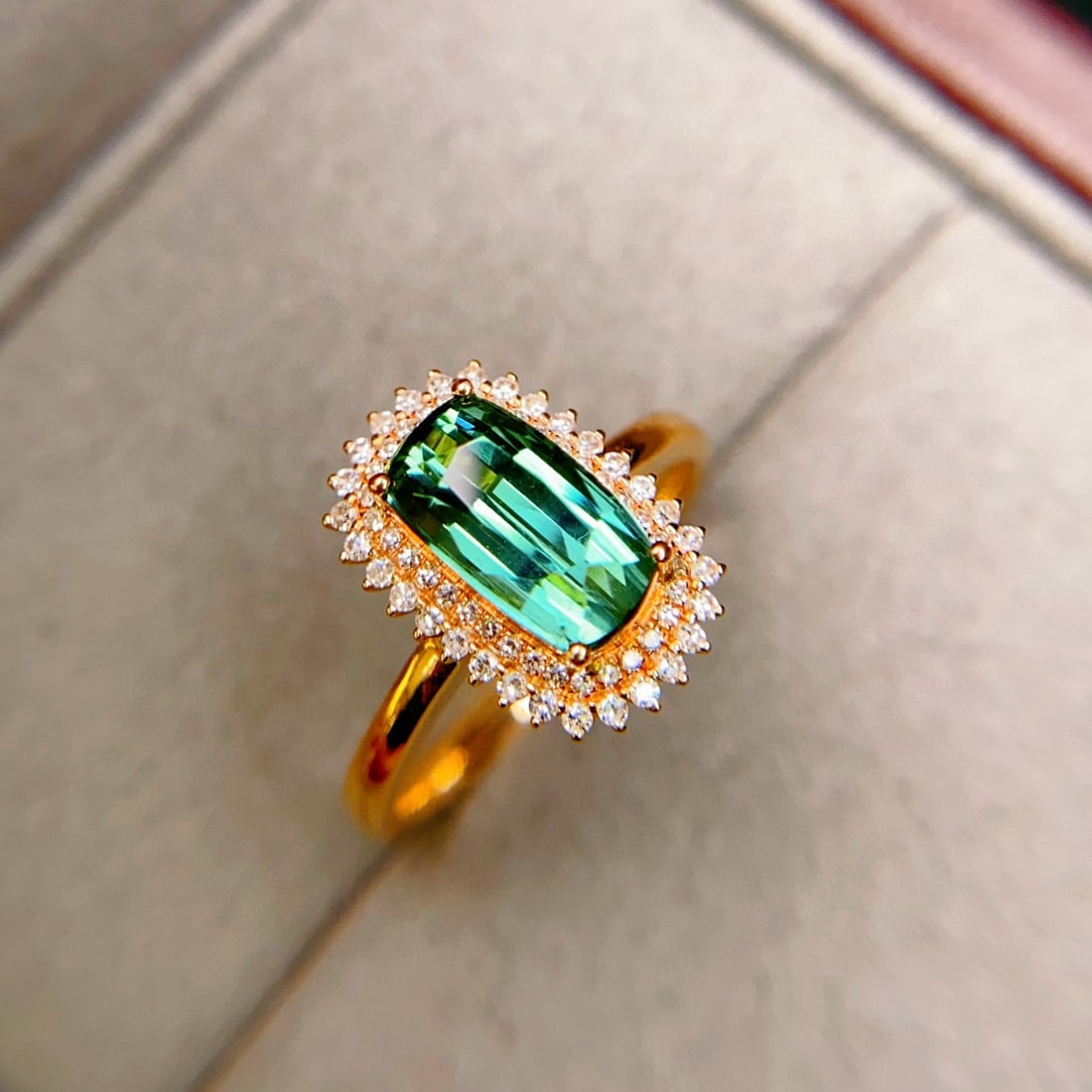 14k Gold 1.95 Ctw Natural Tourmaline & Diamond Ring: Ref:230991172 // gold content:14k gold // ring size:7. 25us // // main gemstone:tourmaline // shape:cushion // carat weight:1. 7ct // color:green // treatment:natural // // adjacent gemstone 2 : diamo