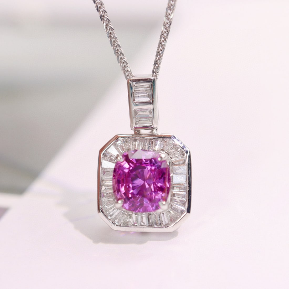 14k Gold 1.35 Ctw Natural Sapphire & Diamond Pendant( Without Chain ): Ref:230991176 // gold content:14k gold // main gemstone:sapphire // shape:cushion // carat weight:1. 15ct // color:purple // treatment:natural // // adjacent gemstone 2 : diamond // shape:baguette // 