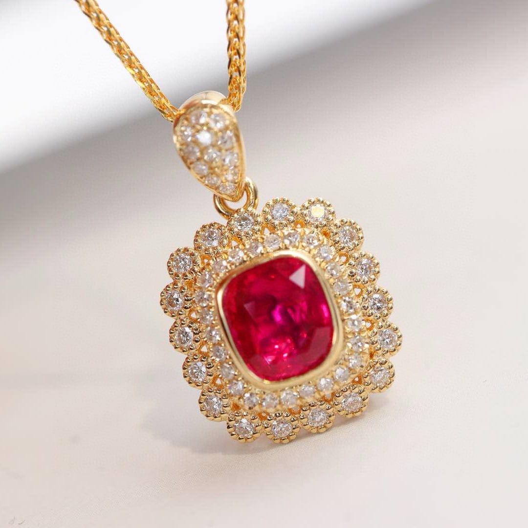 14k Gold 1.39 Ctw Natural Ruby & Diamond Pendant( Without Chain ): Ref:230991181 // gold content:14k gold // main gemstone:ruby // shape:cushion // carat weight:1. 1ct // color:red // treatment:natural // // adjacent gemstone 2 : diamond // shape:round // carat