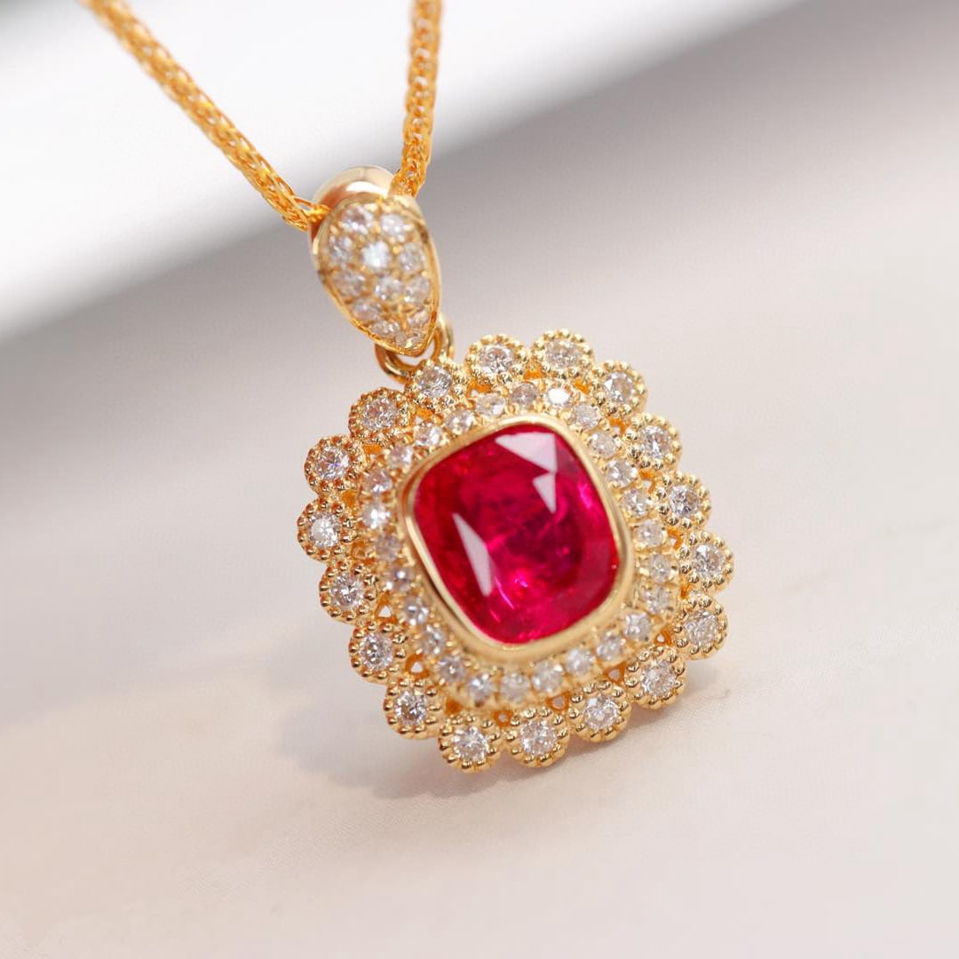 14k Gold 1.39 Ctw Natural Ruby & Diamond Pendant( Without Chain ) - 2
