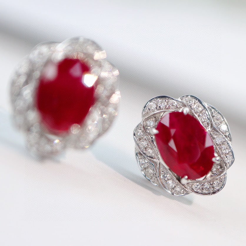 14k Gold 2.50 Ctw Vivid Red Natural Ruby & Diamond Earrings - 2