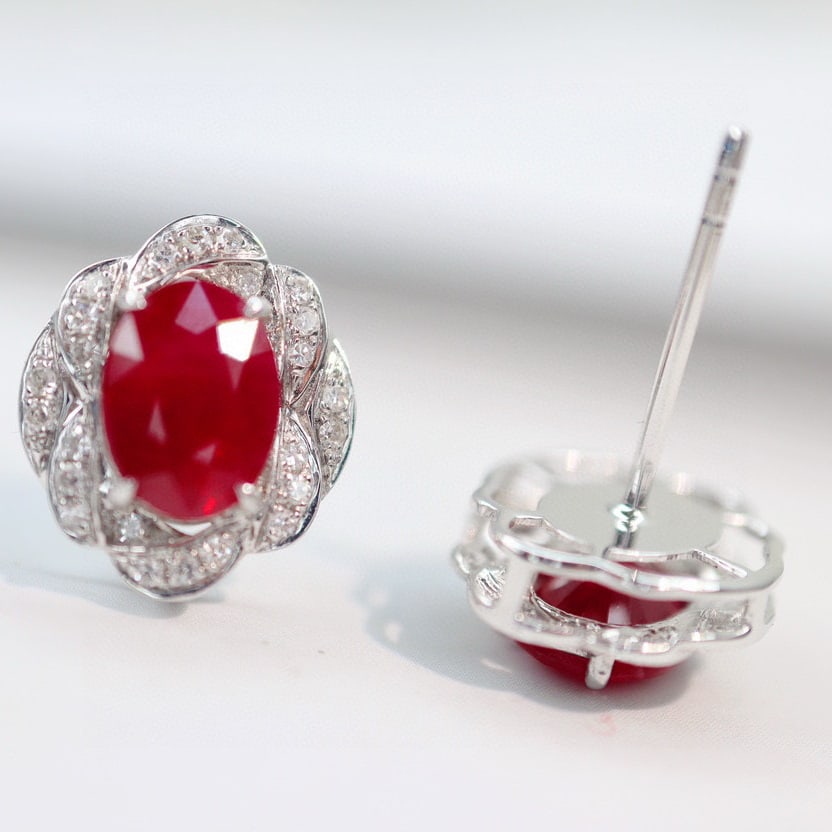 14k Gold 2.50 Ctw Vivid Red Natural Ruby & Diamond Earrings - 4