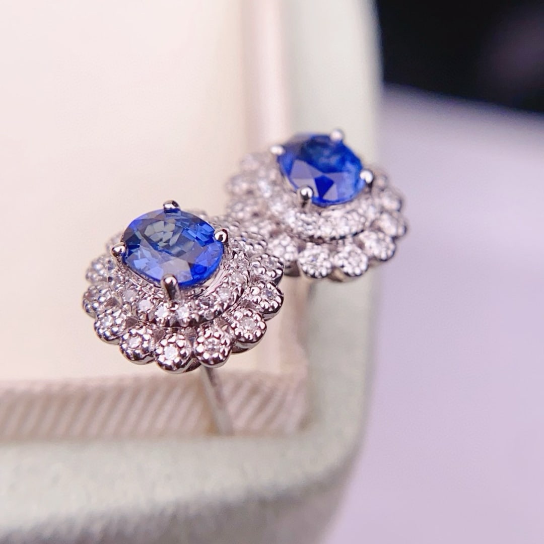 14k Gold 1.3 Ct Natural Sapphire & Diamond Earrings - 2