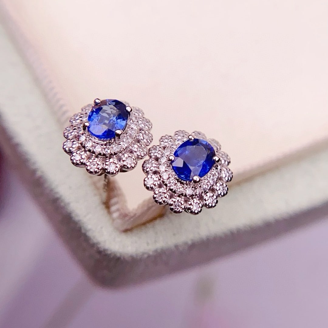 14k Gold 1.3 Ct Natural Sapphire & Diamond Earrings - 3