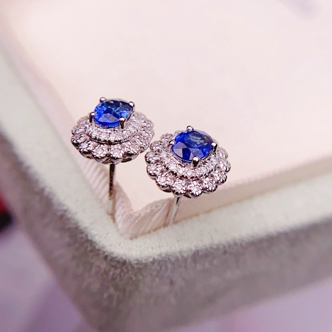 14k Gold 1.3 Ct Natural Sapphire & Diamond Earrings - 4