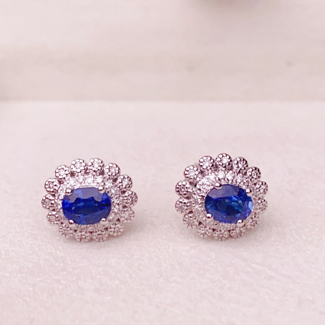 14k Gold 1.3 Ct Natural Sapphire & Diamond Earrings - 5