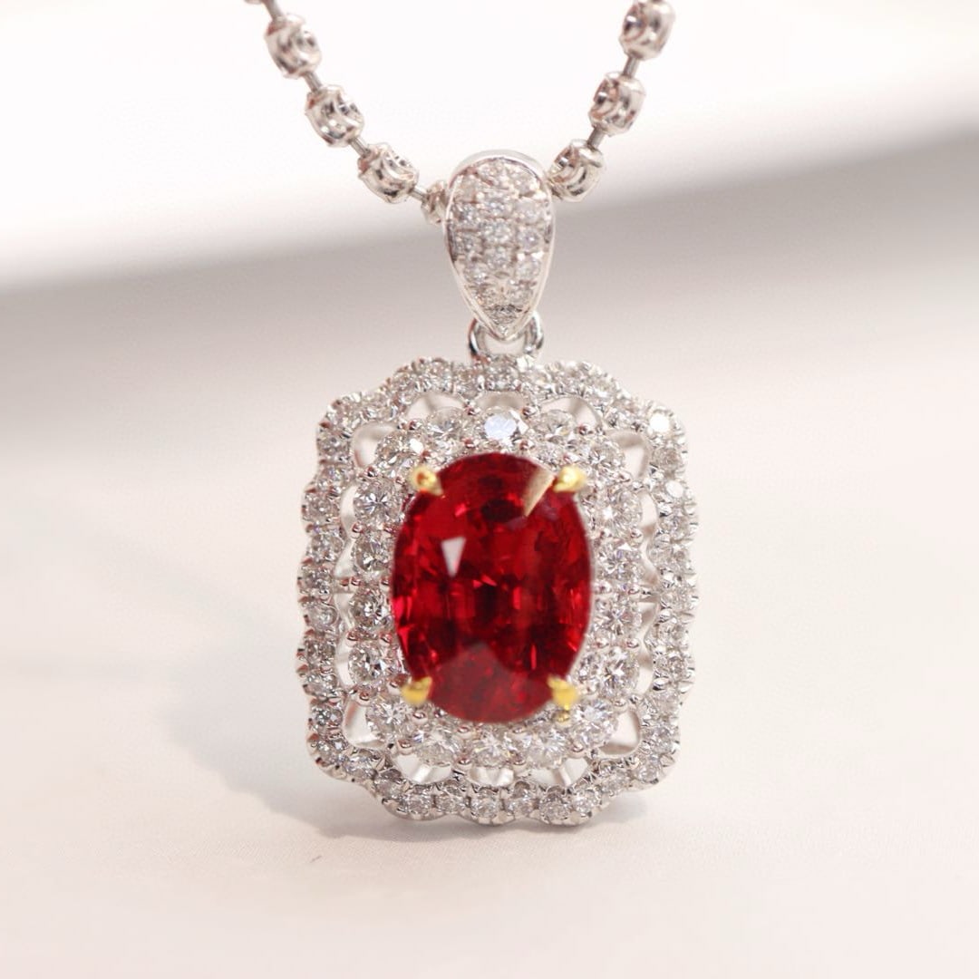 14k Gold 2.91 Ctw Vivid Red Natural Ruby & Diamond Pendant( Without Chain ): Ref:230991194 // gold content:14k gold // main gemstone:ruby // shape:oval // carat weight:2. 31ct // color:vivid red // treatment:natural // // adjacent gemstone 2 : diamond // shape:round // carat