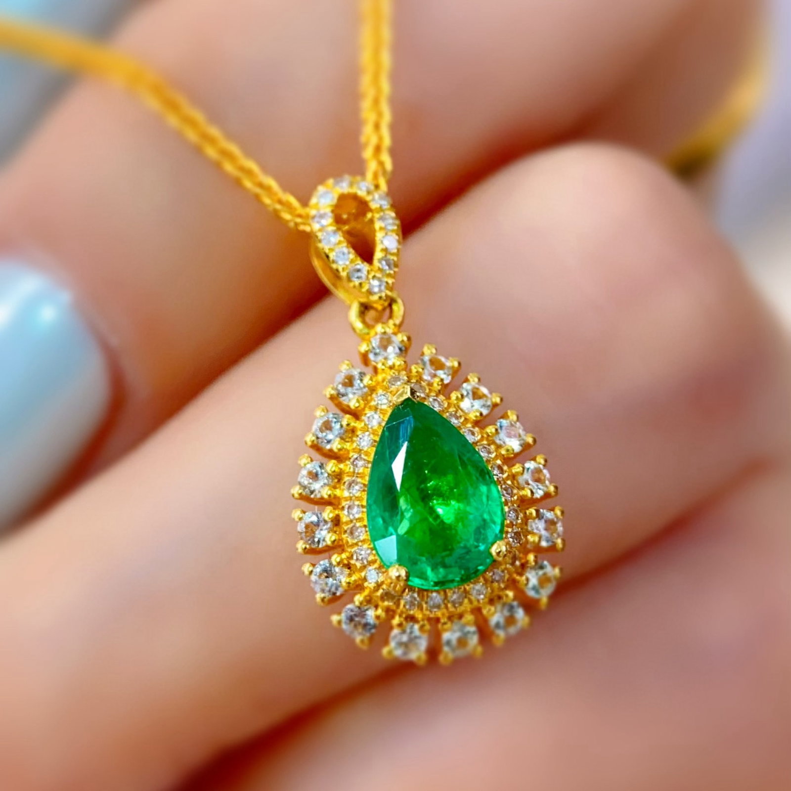 14k Gold 0.85 Ct Natural Emerald & Diamond & Sapphire Pendant( Without Chain ) - 6