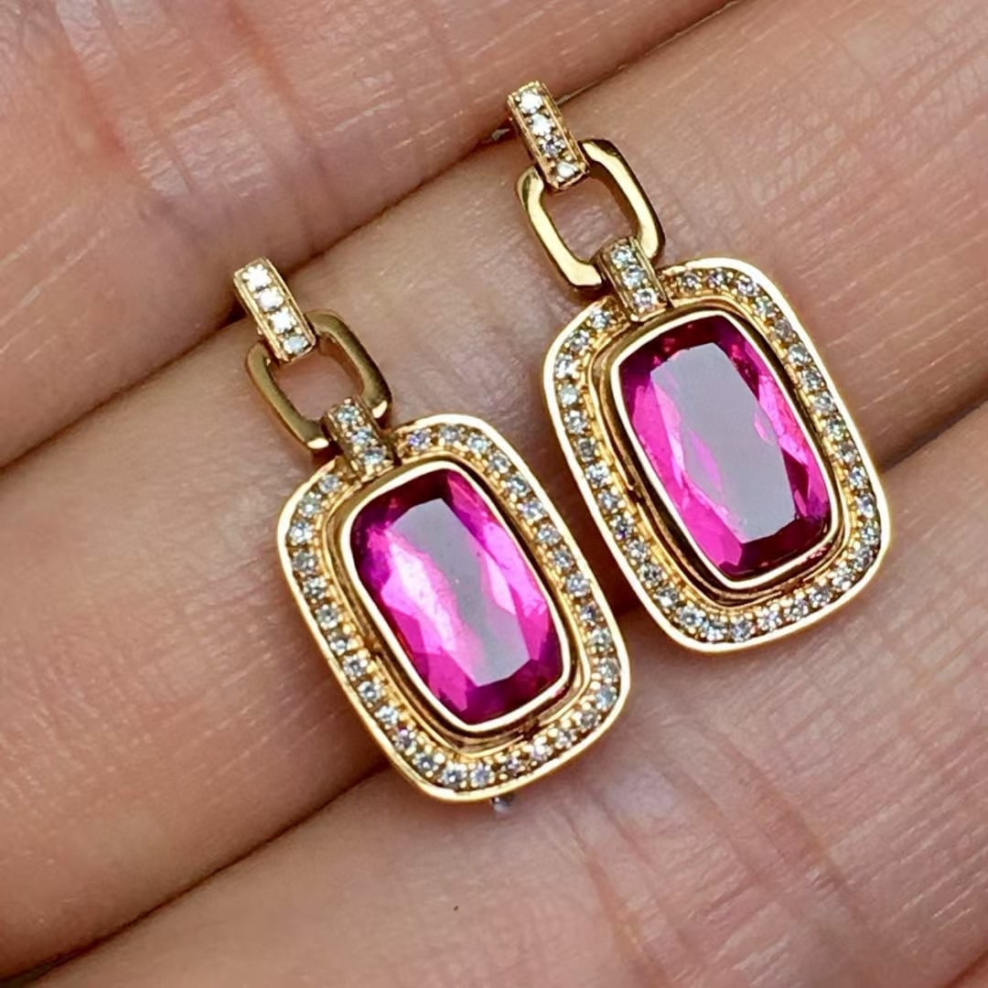 14k Gold 1.7 Ct Natural Tourmaline & Diamond Earrings: Ref:230991217 // gold content:14k gold // main gemstone:tourmaline // shape:cushion // carat weight:1. 7ct // color:purple // treatment:natural // // adjacent gemstone 2 : diamond // number of stones: