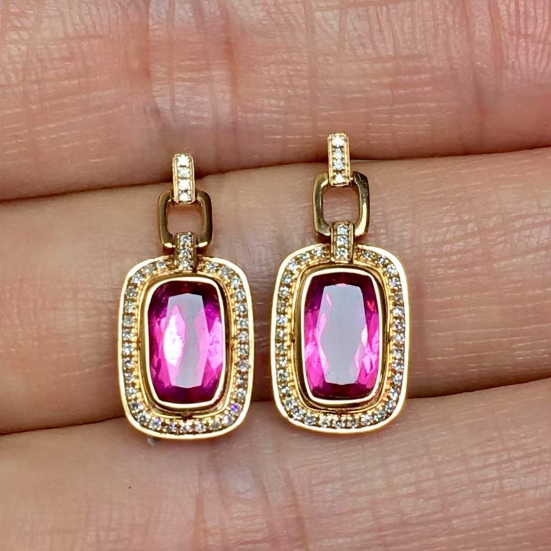 14k Gold 1.7 Ct Natural Tourmaline & Diamond Earrings - 2