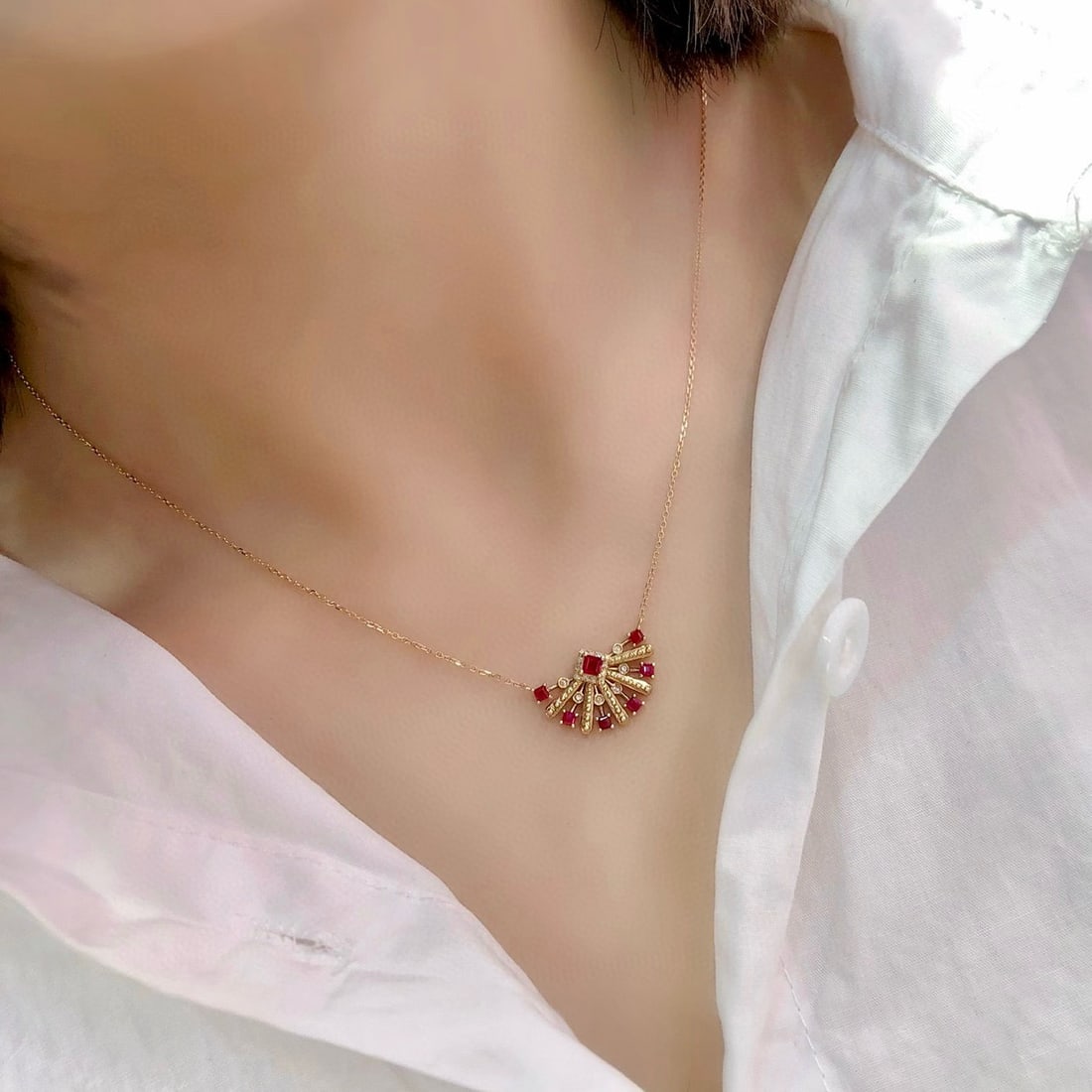 14k Gold 0.51 Ctw Natural Ruby & Diamond Necklace - 4