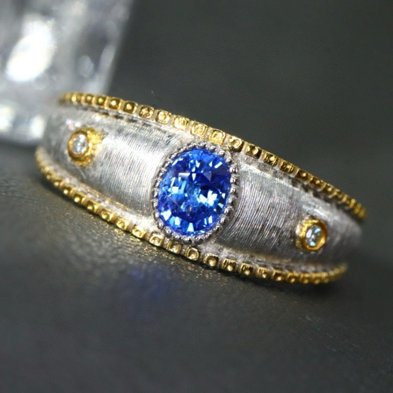 14k Gold 0.47 Ctw Natural Sapphire & Diamond Ring: Ref:230991227 // gold content:14k gold // ring size:7. 25us // // main gemstone:sapphire // shape:oval // carat weight:0. 45ct // color:blue // treatment:natural // // adjacent gemstone 2 : diamond