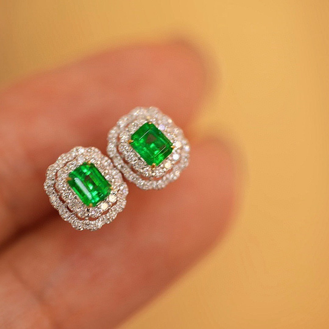 14k Gold 0.4 Ct Natural Emerald & Diamond Earrings - 4