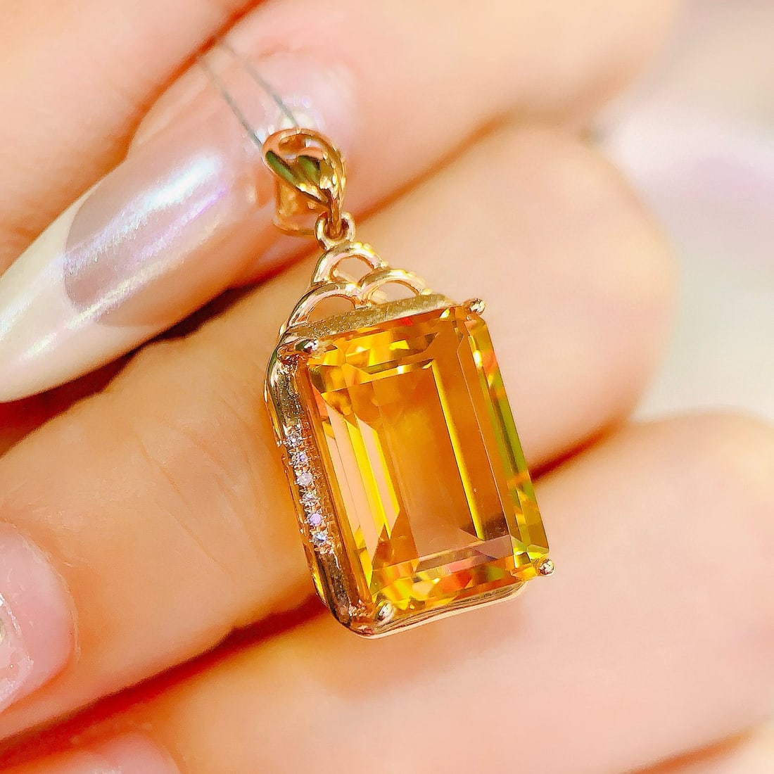 14k Gold 7.93 Ctw Natural Citrine & Diamond Pendant( Without Chain ) - 2