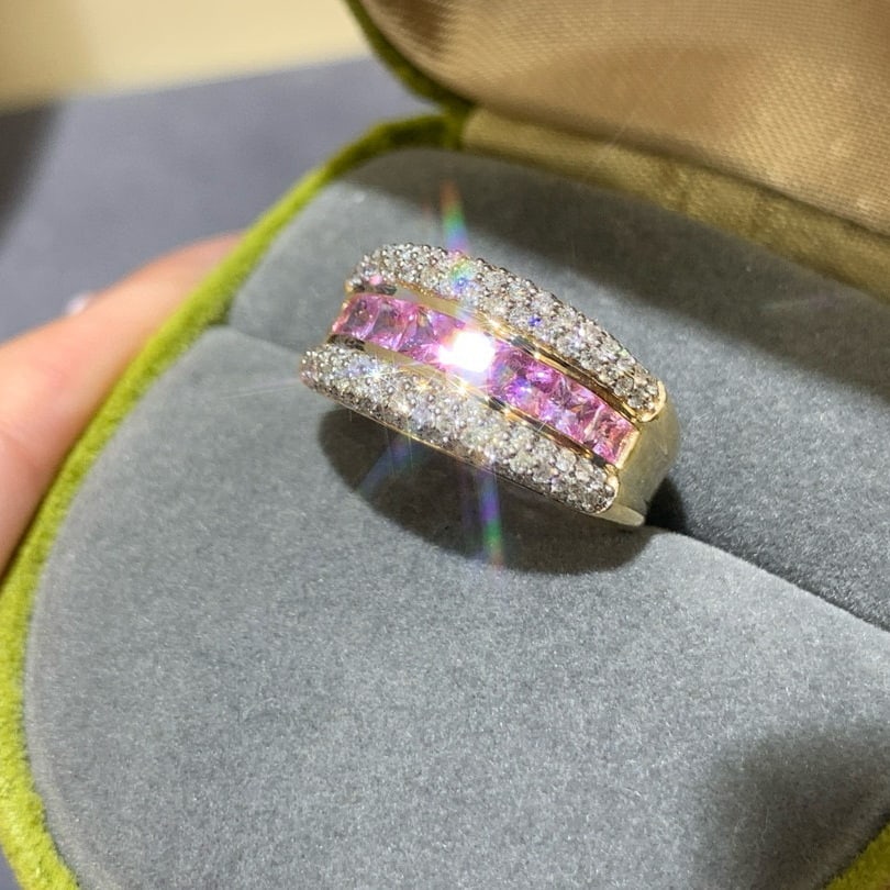 14k Gold 1.54 Ctw Natural Sapphire & Diamond Ring: Ref:230991252 // gold content:14k gold // ring size:7. 25us // // main gemstone:sapphire // shape:princess // carat weight:0. 95ct // color:pink // treatment:natural // // adjacent gemstone 2 :