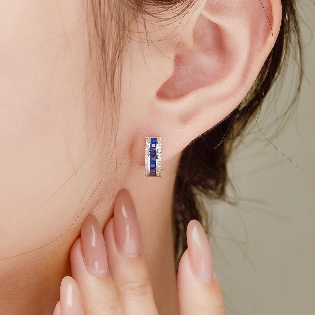 14k Gold 0.7 Ct Natural Sapphire & Diamond Earrings - 3